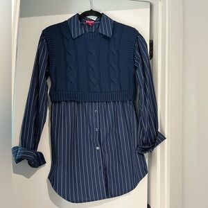 STAUD Navy Blue Striped Button Down Shirt with Knit Overlay
